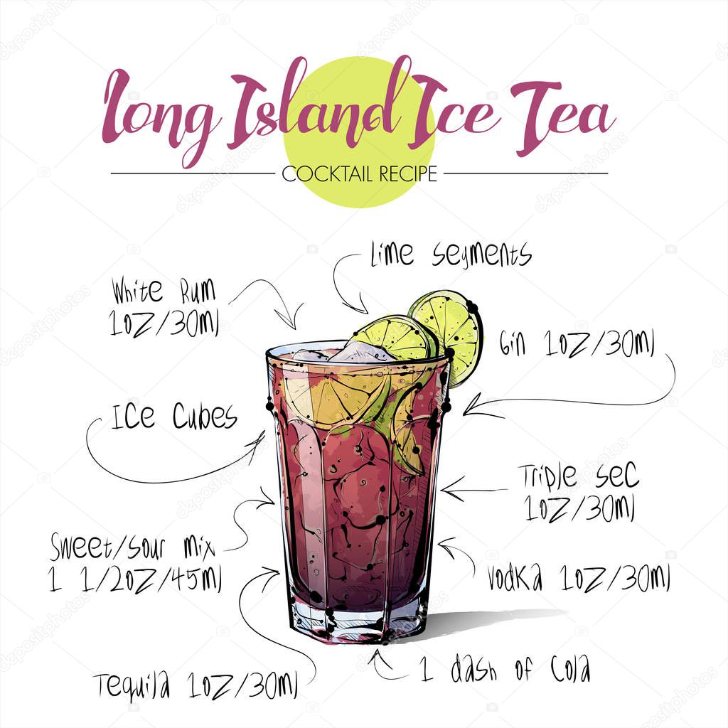 Hand drawn illustration of cocktail Long island ice tea. Vector 
