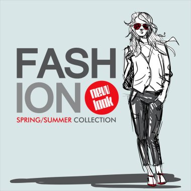 Kroki tarzı moda güzel kız ile çizilmiş arka plan el