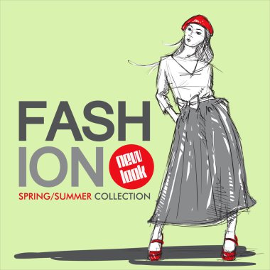 Kroki tarzı moda güzel kız ile çizilmiş arka plan el