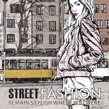 moda güzel kız ve eski tramvay vektör çizimi.