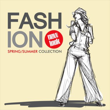 Kroki tarzı moda güzel kız ile çizilmiş arka plan el