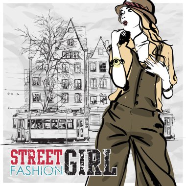 moda güzel kız ve eski tramvay vektör çizimi.