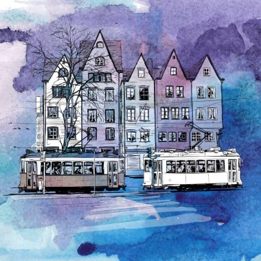 Eski tramvay i illüstrasyon ile el çizilmiş suluboya arka plan