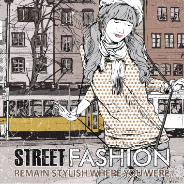 moda güzel kız ve eski tramvay vektör çizimi.