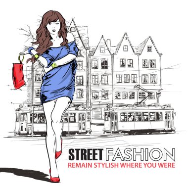 moda güzel kız ve eski tramvay vektör çizimi.