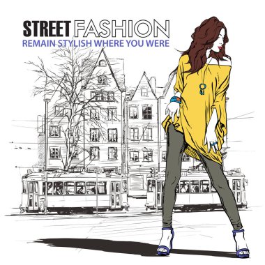 moda güzel kız ve eski tramvay vektör çizimi.