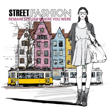 moda güzel kız ve eski tramvay vektör çizimi.