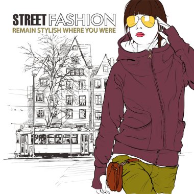 moda güzel kız ve eski tramvay vektör çizimi.