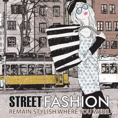 moda güzel kız ve eski tramvay vektör çizimi.