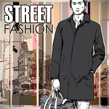 bir sokak arka planda şık genç adam. vektör çizim.