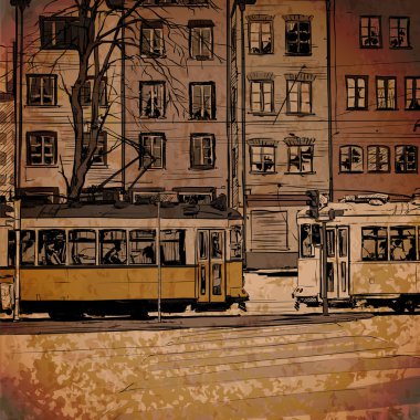 Binalar ve eski tramvay ile vektör illüstrasyon.