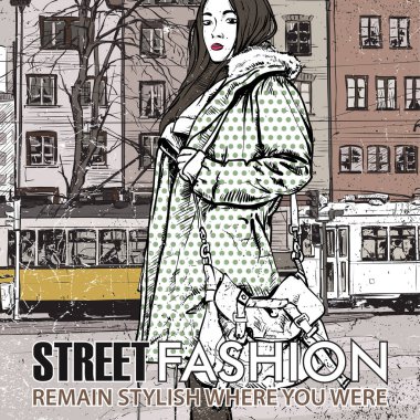 moda güzel kız ve eski tramvay vektör çizimi.