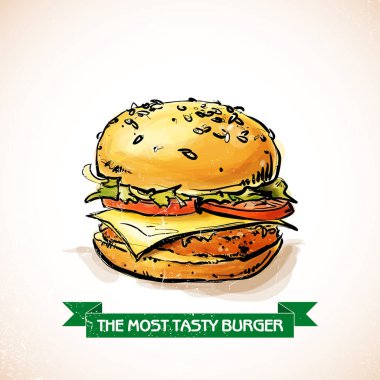 Serin lezzetli hamburger. Kroki + suluboya stili. Vektör illustra