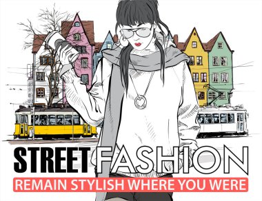 moda güzel kız ve eski tramvay vektör çizimi.