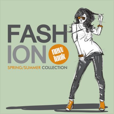 Kroki tarzı moda güzel kız ile çizilmiş arka plan el