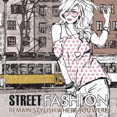 moda güzel kız ve eski tramvay vektör çizimi.