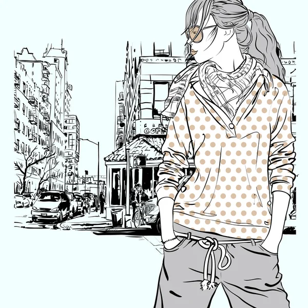 Linda chica de la moda joven en un fondo de la calle.Vector illustrati — Vector de stock