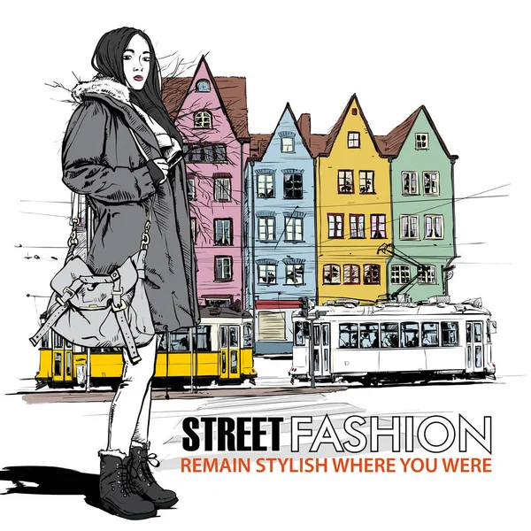 moda güzel kız ve eski tramvay vektör çizimi.