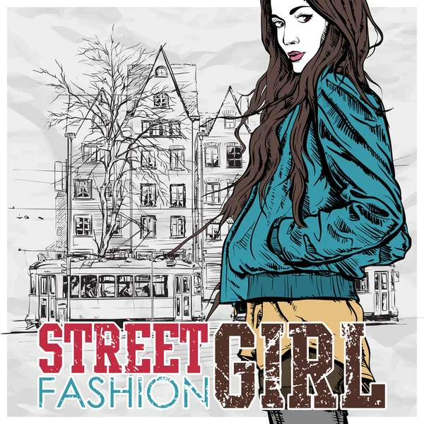 Vector illustration of a pretty fashion girl and old tram. — Stock Vector