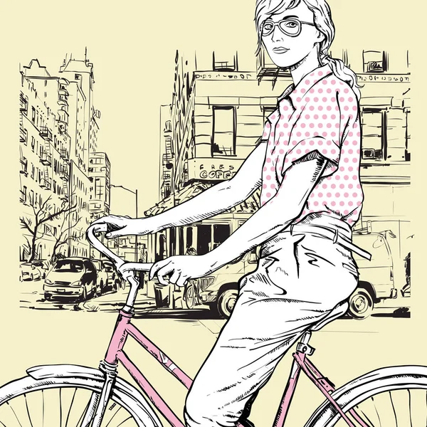 Linda chica de la moda joven en un fondo de la calle.Vector illustrati — Archivo Imágenes Vectoriales