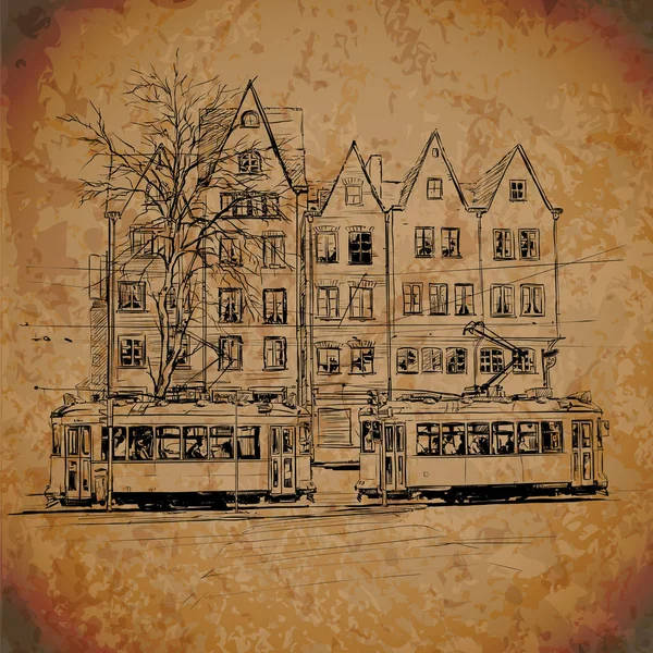 Ilustración vectorial con edificios y tranvía viejo . — Vector de stock