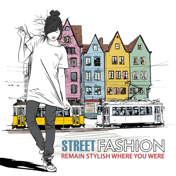 moda güzel kız ve eski tramvay vektör çizimi.