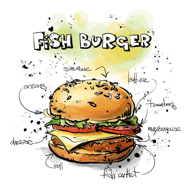 Cool tasty hamburger. Sketch + watercolor style. Vector illustra — Stock Vector