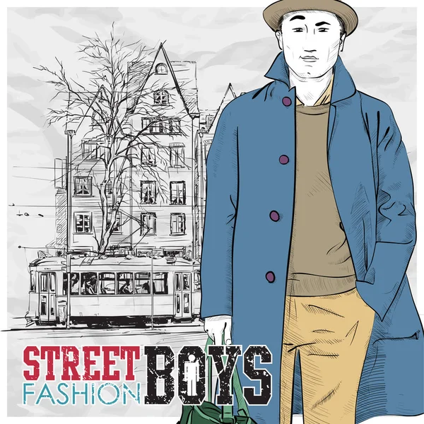 Vector illustration of stylish guy and old tram. — Stock Vector