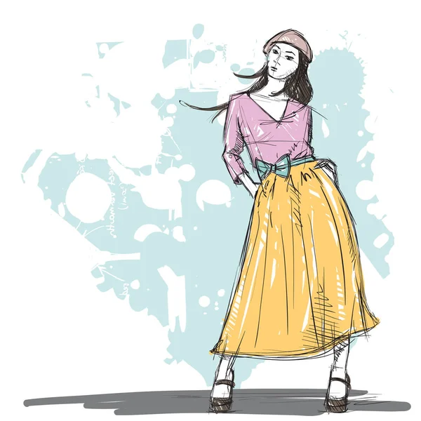 Handzeichnung eines hübschen Modemädchens im Skizzenstil. Vektor il — Stockvektor