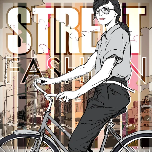 Chica bonita con bicicleta en un fondo de calle. Vector ilustra — Archivo Imágenes Vectoriales