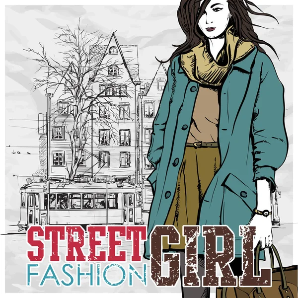 Vector illustration of a pretty fashion girl and old tram. — Stock Vector