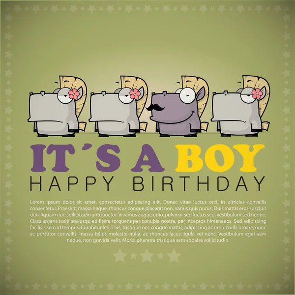 Funny happy birthday greeting card with cute cartoon horses. — Stock Vector