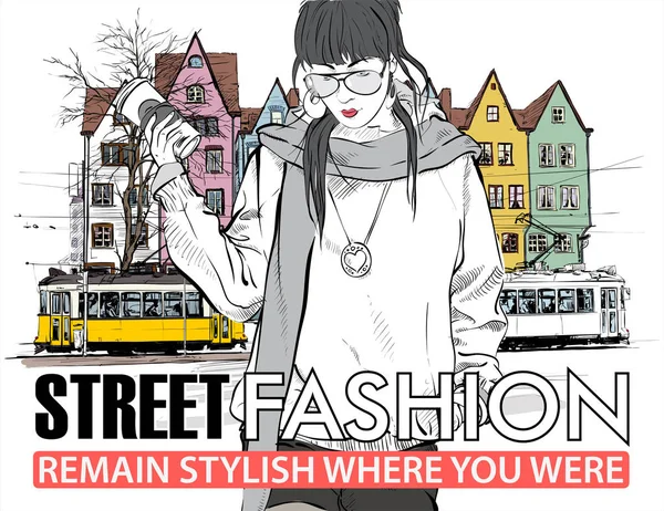 moda güzel kız ve eski tramvay vektör çizimi.