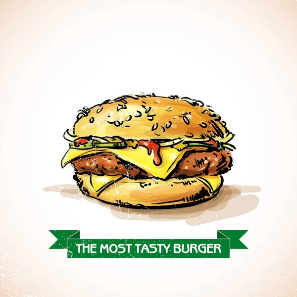 Fresca hamburguesa sabrosa. Bosquejo + estilo acuarela. Vector ilustra — Archivo Imágenes Vectoriales