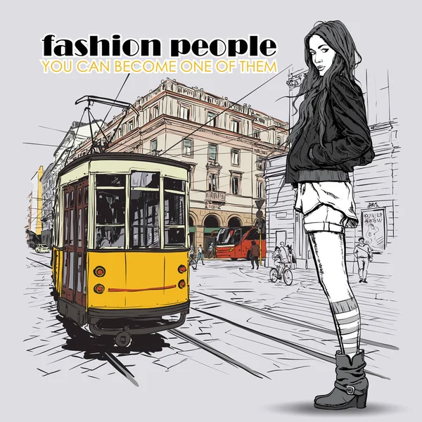 EPS10 vector illustration of a pretty fashion girl and old tram. — Stock Vector