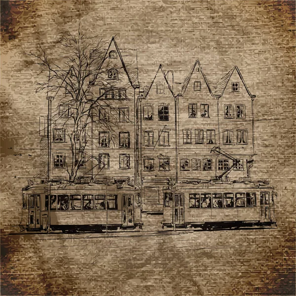 Vektorová ilustrace s budovami a starou tramvají. — Stockový vektor