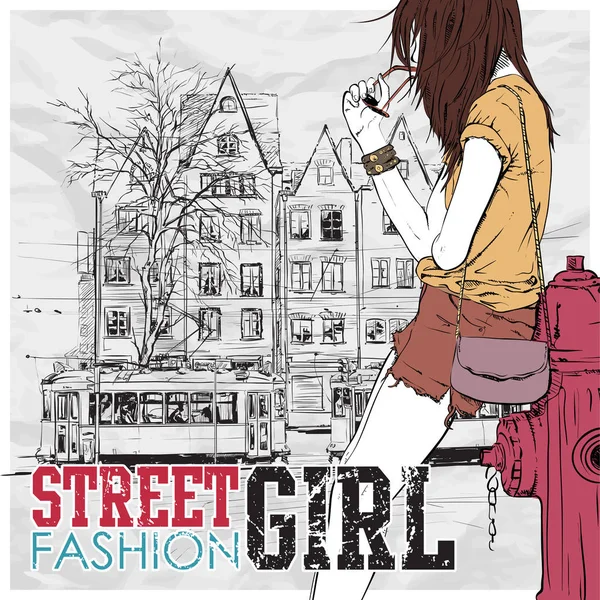 Illustrazione vettoriale di una bella ragazza di moda e vecchio tram . — Vettoriale Stock
