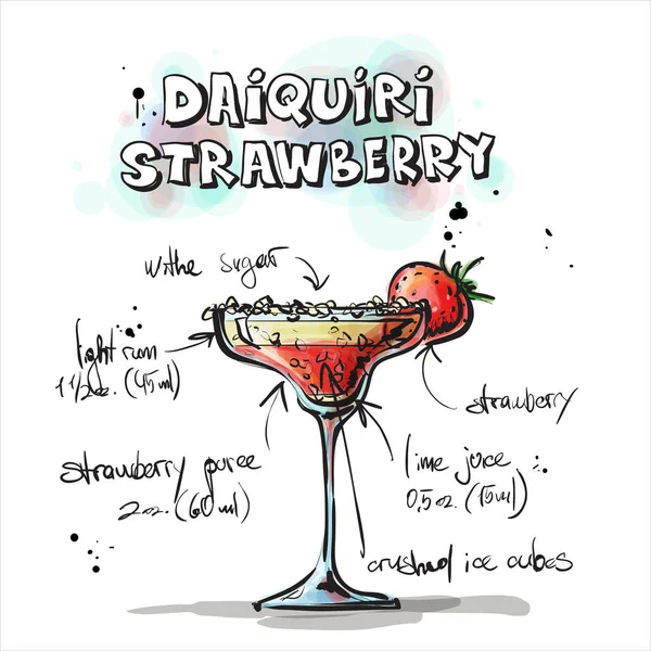 Hand getekende illustratie van cocktail. Daiquiri aardbei. Vector — Stockvector