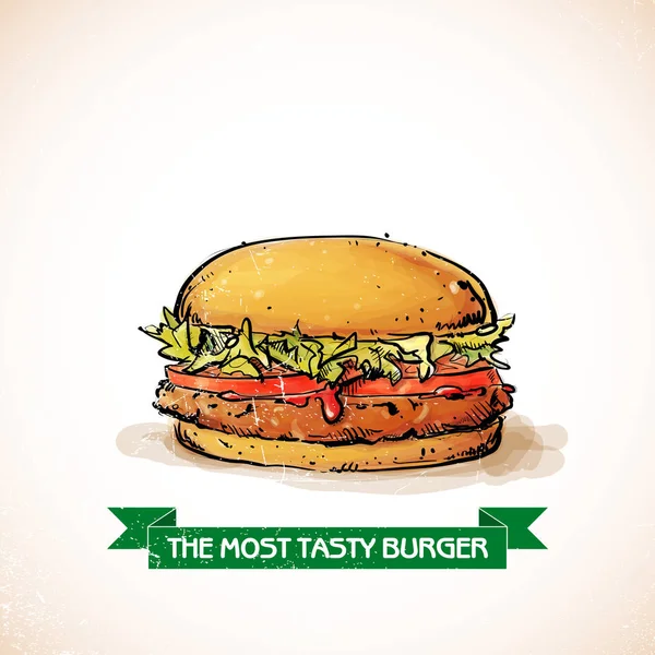 Hamburger yang enak. Gaya Sketch + watercolor. Ilustrasi vektor - Stok Vektor