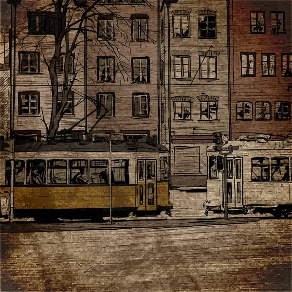 Illustration vectorielle avec bâtiments et vieux tramway . — Image vectorielle