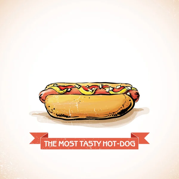 Skvělý, dobrý Hot Dog. Náčrt + styl akvarel. Vektorový ilustrati — Stockový vektor