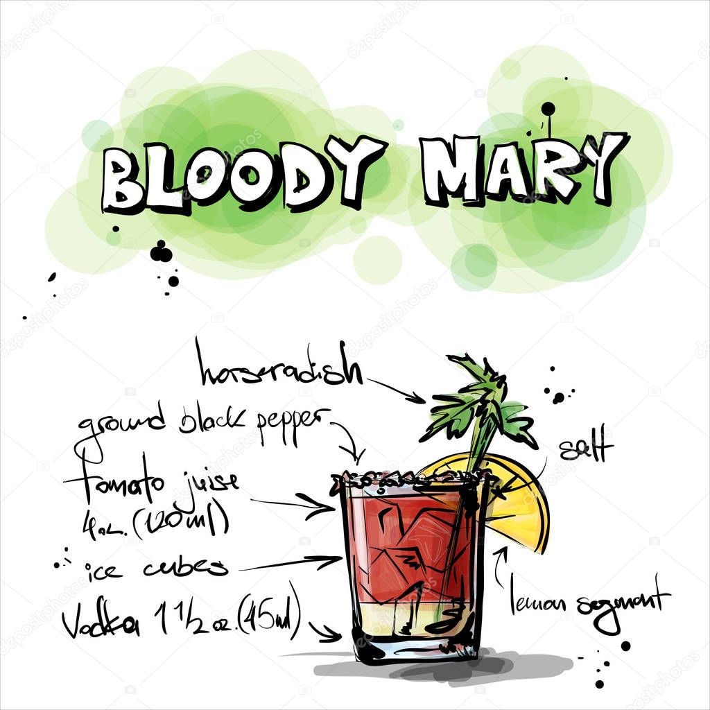 Hand drawn illustration of cocktail. BLOODY MARY. Vector collect