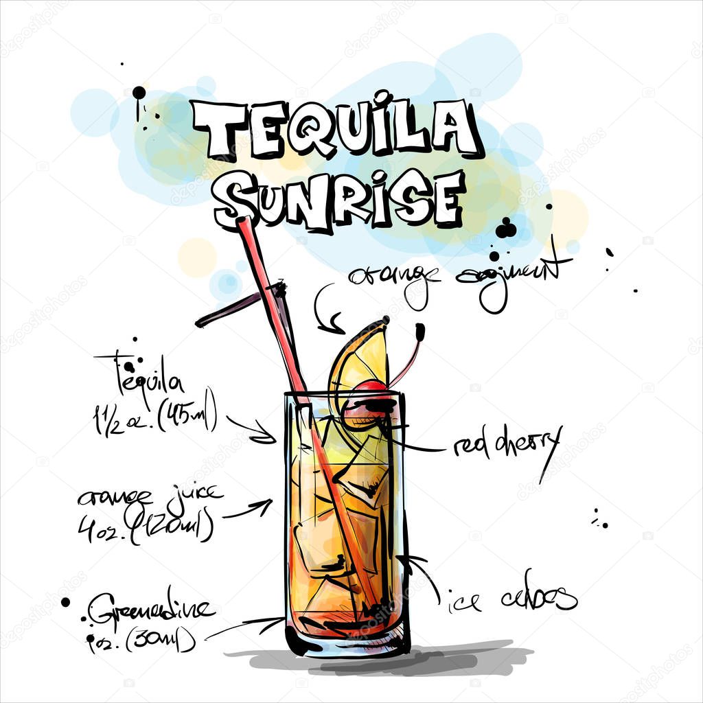 Hand drawn illustration of cocktail. TEQUILA SUNRISE. Vector col