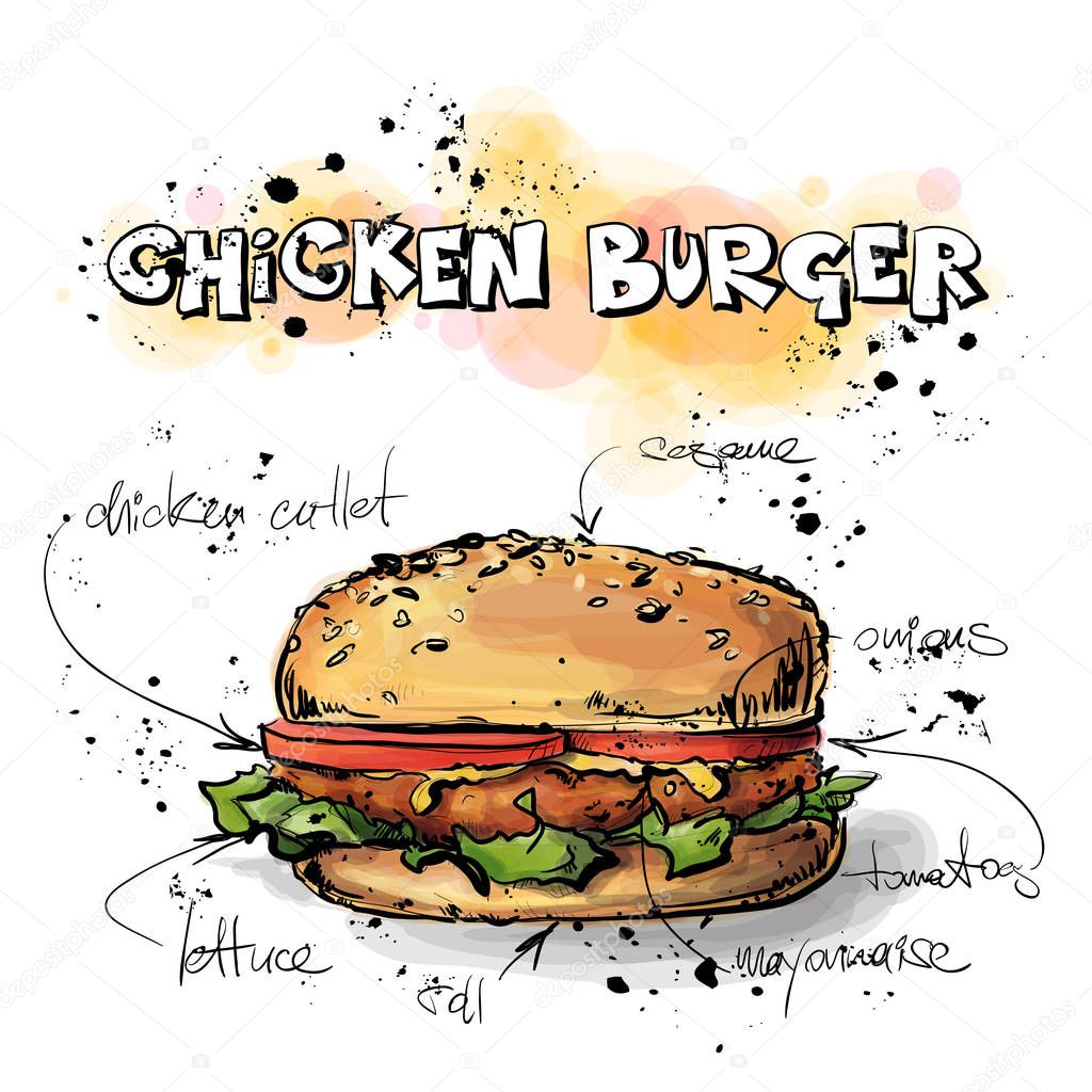 Cool tasty hamburger. Sketch + watercolor style. Vector illustra