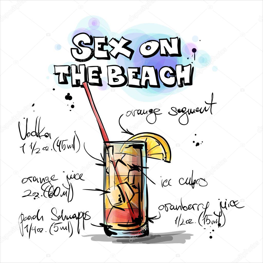 Hand drawn illustration of cocktail. SEX ON THE BEACH. Vector co