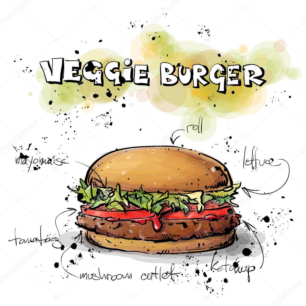 Cool tasty hamburger. Sketch + watercolor style. Vector illustra