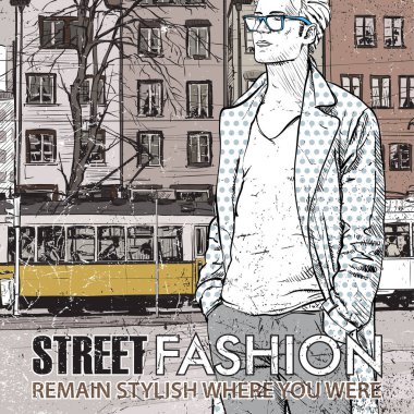 Şık adam ve eski tramvay Vektör illüstrasyon.