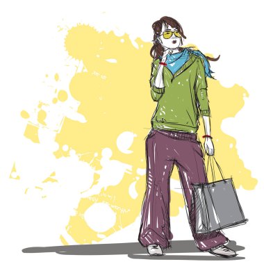 Çizim tarzında güzel bir moda kız el çizim. Vektör il