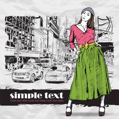 güzel bahar kız sokak arka plan üzerinde. vektör çizim