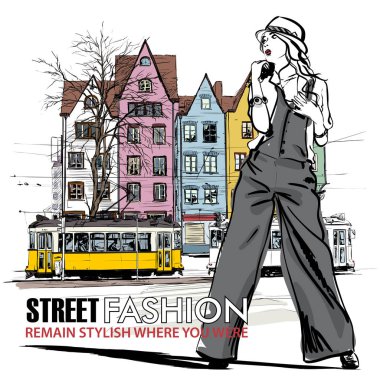 moda güzel kız ve eski tramvay vektör çizimi.